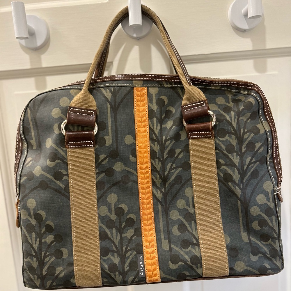 Orla Kiely Gray Olive Stem-Print Laptop Bag with Mustard Stripe